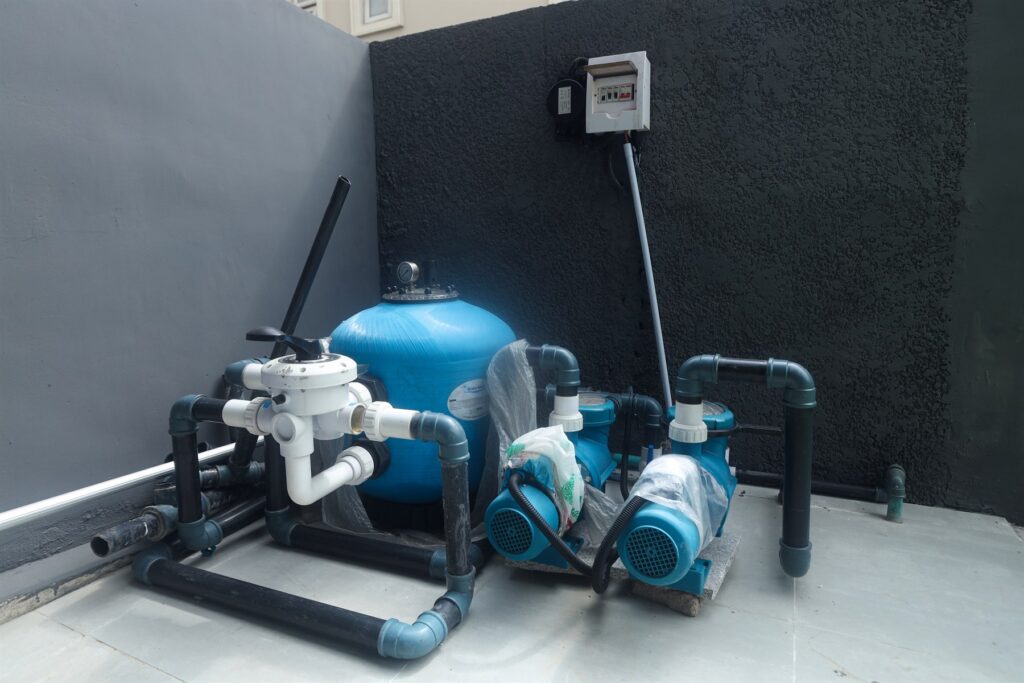 Brum Height 5: Outdoor water filtration pumps, pipework and treatment tank